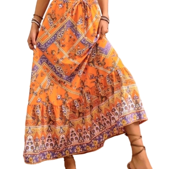 Maxi Skirt Orange Lightweight Flowy Vacay Skirts Vacation Outfit Bohemian Style - Picture 8 of 11